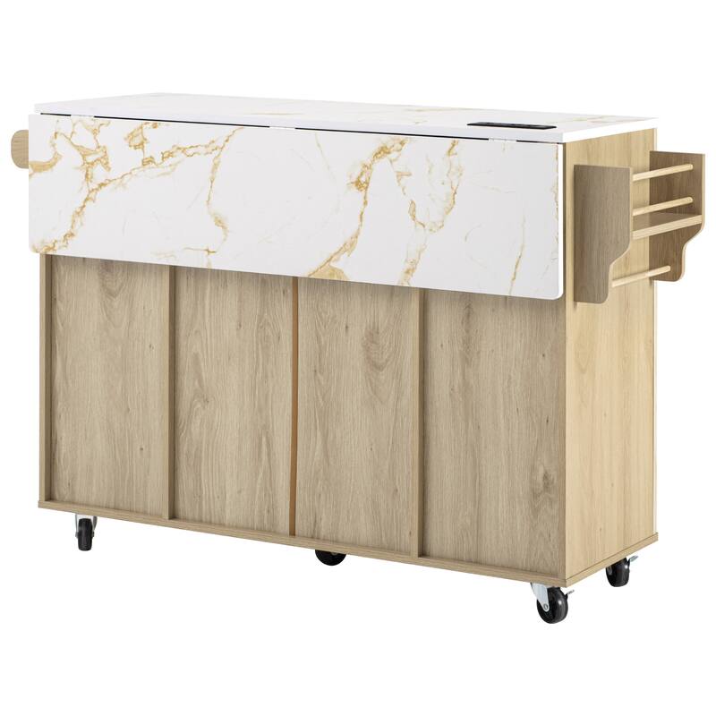 55.5" Fluted Storage Kitchen Island with Drop Leaf and Power Outlet and 3 Drawers