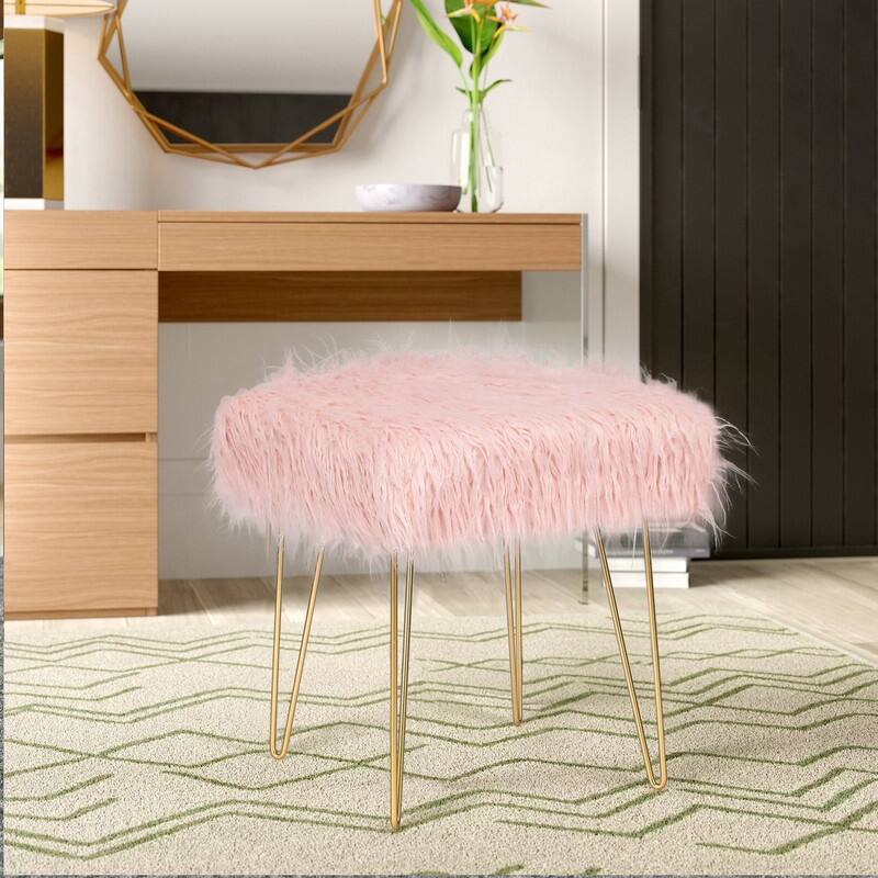 Adeco Faux Ottoman Vanity Stool with Metal Legs for Bedroom