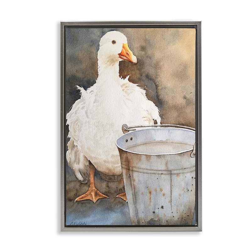Stupell Duck & Country Pail Framed Floater Canvas Wall Art Design By Stephanie Fielden - 17 x 25 - Grey
