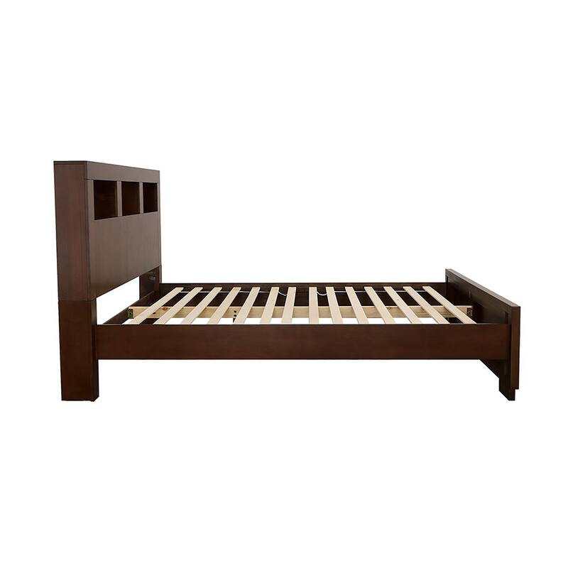 Queen Size Wood Bookcase Bed with Storage Headboard and No Box Spring Required
