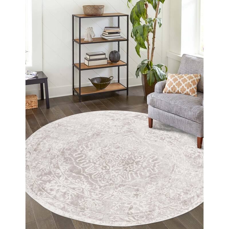 Contemporary Trabzon Collection Area Rug - Gray-Ivory - 3' Round