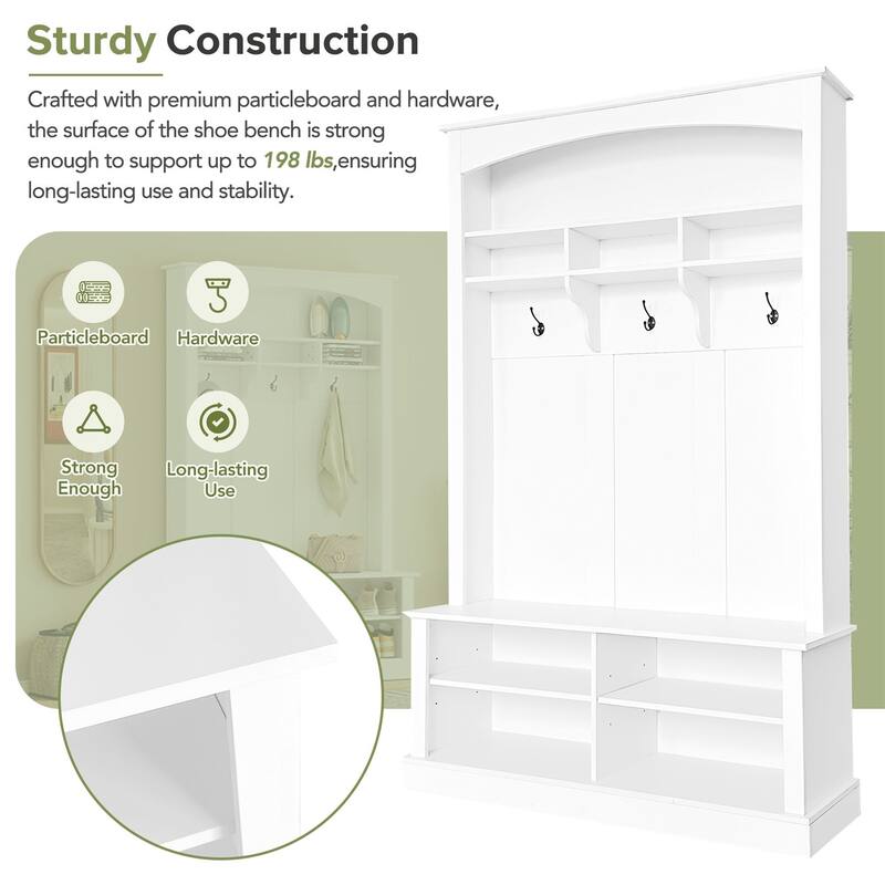Multi-functional Shoe Storage Bench, Hall Tree with Hanging Hooks, Shelves