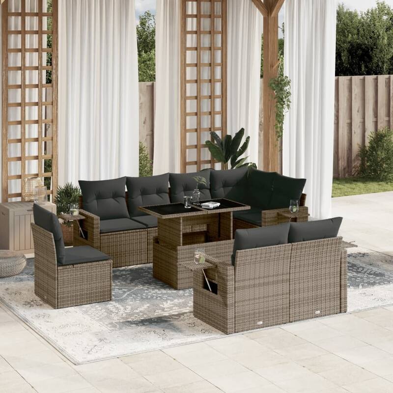 vidaXL Patio Sofa Set with Cushions Outdoor Furniture 9 Piece Poly Rattan - 21.7 x 39.4 x 28.7 - Grey-without storage