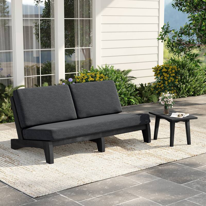 2-Piece Casual Teak Outdoor Patio Sofa Set with Side Table - Dark Wood - Dark Grey