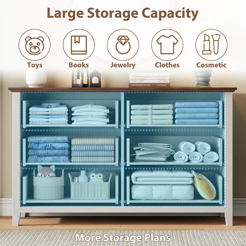 Farmhouse 6 Drawer Dresser for Bedroom, Vintage Dresser with Antique Handles