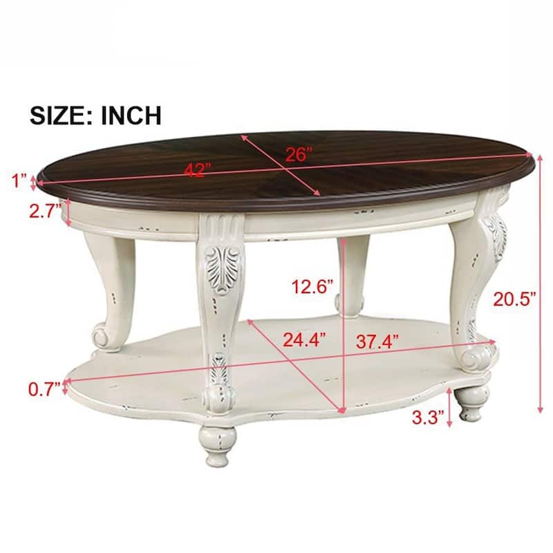 42'' oval wood coffee table for Living Room, 2-Tier Solid Wood Cocktail Table with Open Storage Shelf