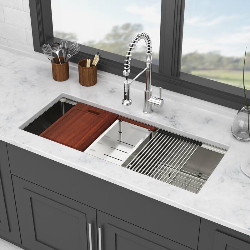 Single Bowl Undermount Workstation Kitchen Sink - 16 Gauge Stainless Steel Deep Sink