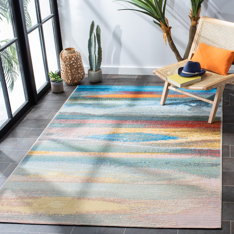 SAFAVIEH Barbados Aviva Tropical Indoor/ Outdoor WaterproofPatio Backyard Rug - 4' x 6' - Light Blue/Pink