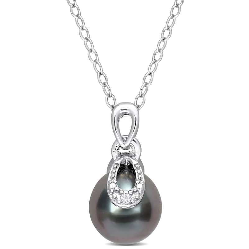 Miadora 8-9mm Black Tahitian Cultured Pearl Diamond Accent Drop Pendant Chain Sterling Silver