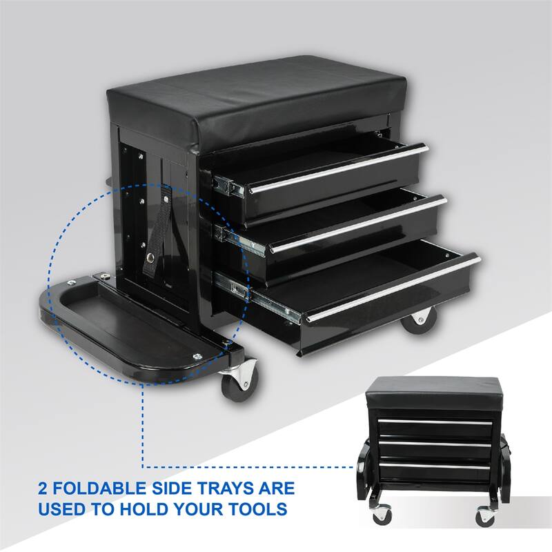 3-Drawer Tool Chest Rolling Mechanic Seat with Tool Trays