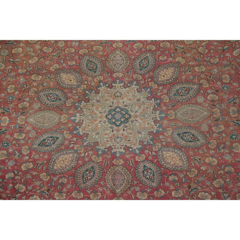 Hand Knotted Oriental 100% Wool Carpet Traditional Floral Pink Tabriz Area Rug - 12' 10'' X 9' 11''