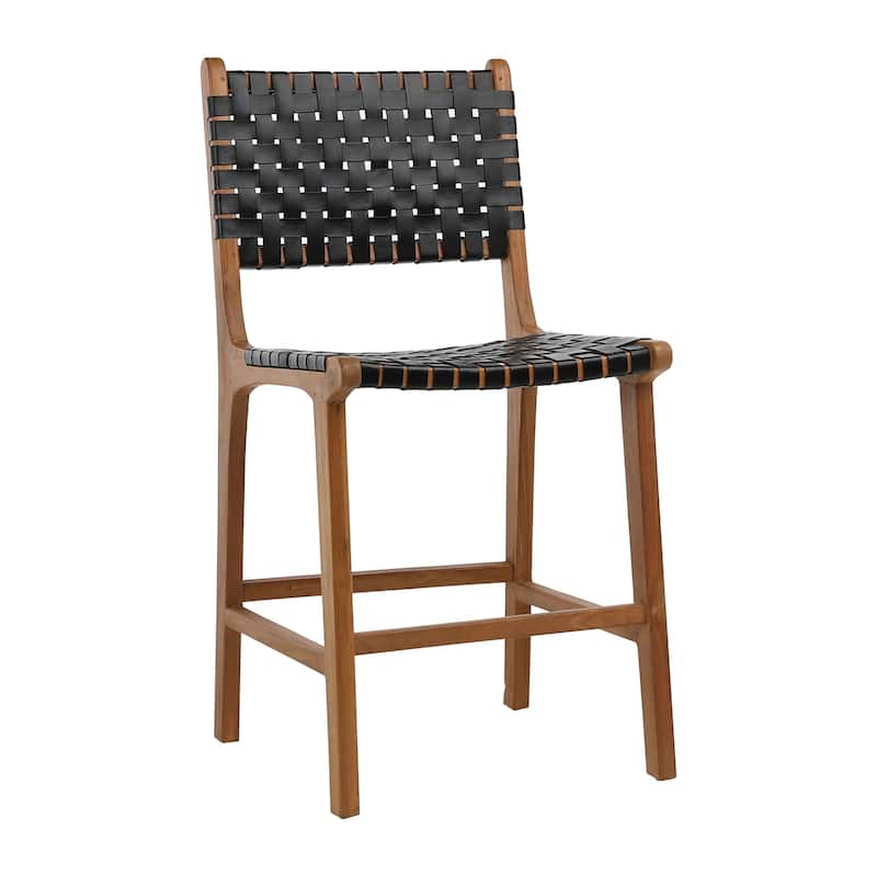 Maverick Top Grain Woven Black Leather with Natural Teak Frame Dining Counter Stool - N/A