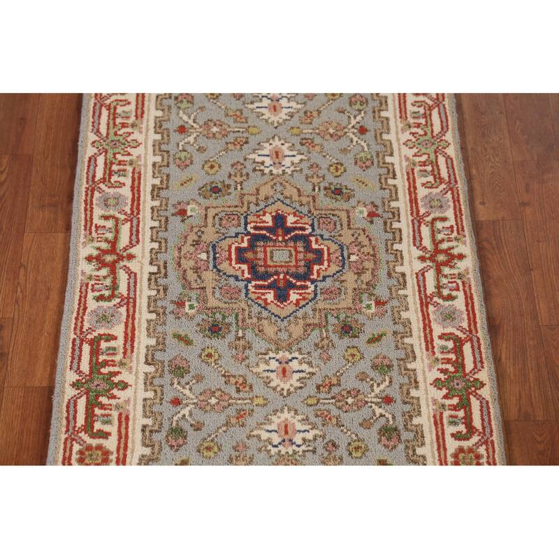 Gray Geometric Heriz Serapi Indian Runner Rug Handmade Wool Carpet - 2'5" x 8'0"