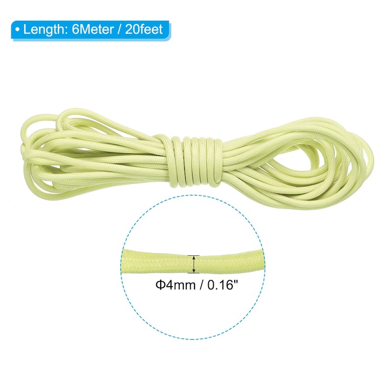 Luminous Paracord 4mm Camping Paracord Rope Glow in The Dark - Light Yellow - 20 Feet