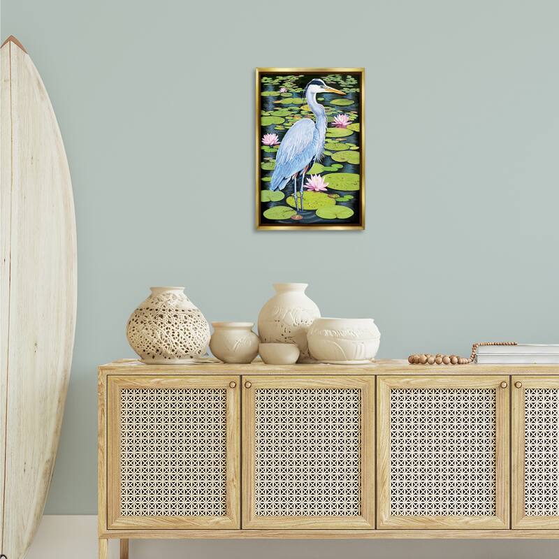 Stupell Heron Among Pond Lilies Framed Floater Canvas Wall Art Design By Rosiland Solomon