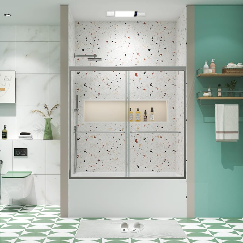 58'' H Glass Double Sliding Shower Door, Bathtub Bypass shower door in Black/Chrome - 60x58 - Chrome