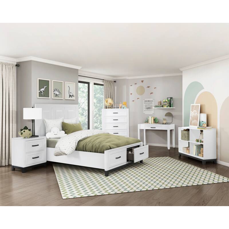 White Finish Queen Platform Bed with Storage Drawers Wooden Bedroom Furniture 1pc