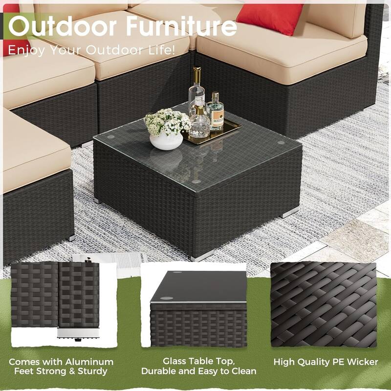 7 Piece Outdoor Patio Furniture Set Grey/Black Wicker Conversation Sectional Sofa Set with Coffee Table and Cushions