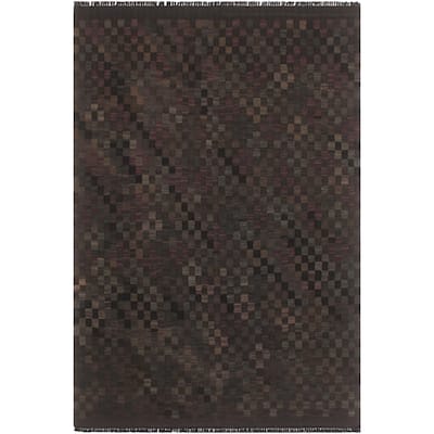 Contemporary Turkish Kilim Seema Black Brown Hand-Woven Wool Rug - 5'0'' x 6'9''