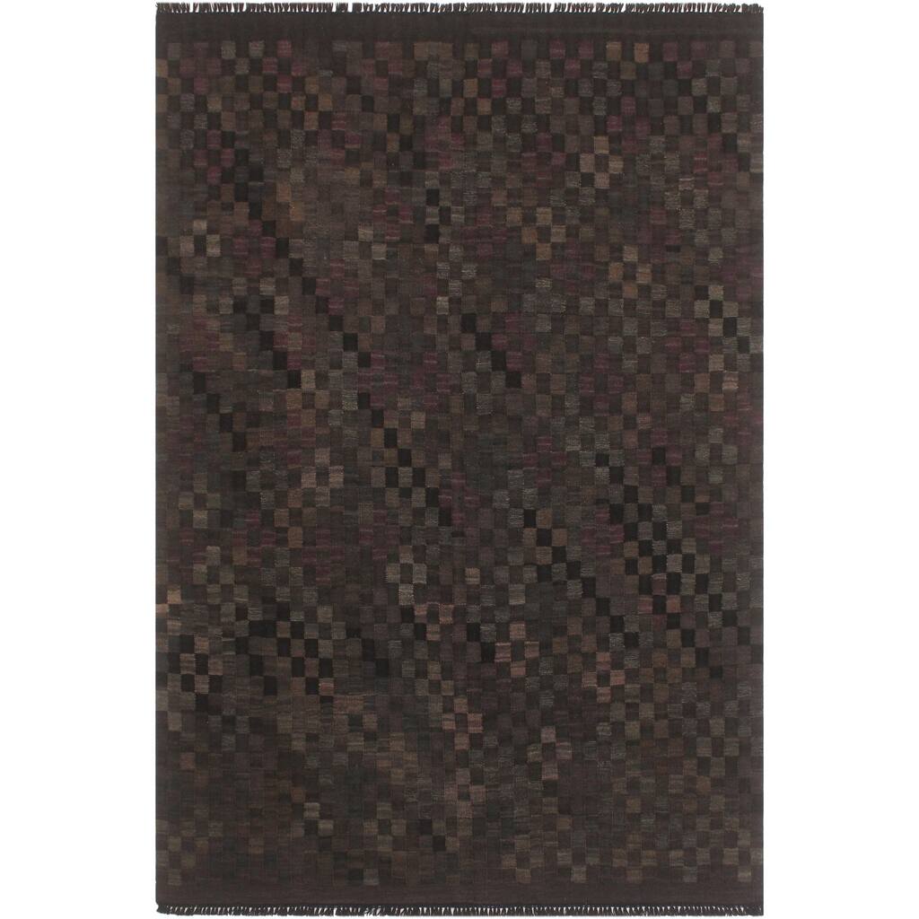 Contemporary Turkish Kilim Seema Black Brown Hand-Woven Wool Rug - 5'0'' x 6'9''