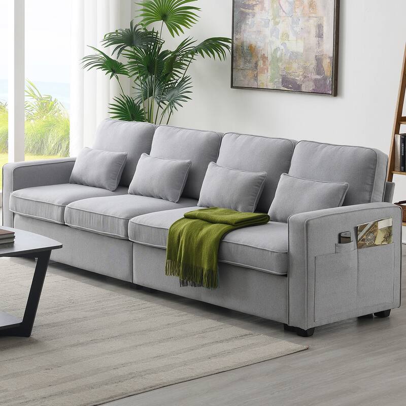 4-seater Modern Linen Fabric Sofa with Armrest Pockets and 4 Pillows, Minimalist Upholstered Living Room Sofa with Soft Armrests
