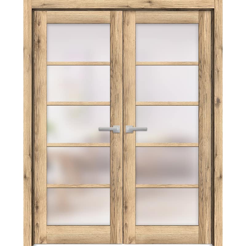 SartoDoors Quadro 4002 | Interior French Doors Double French | Solid Wood w/ Glass | Slab Only | 36x80, Oak - Brown - 64 x 80