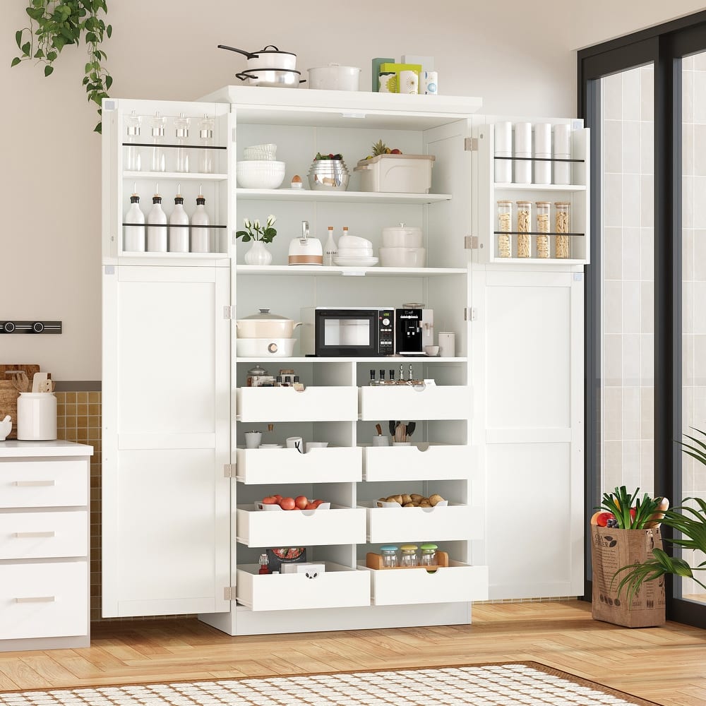 Tall Kitchen Pantry Cabinet with Pull-Out Trays - 35.5" 4-Door Storage Unit, Adjustable Shelves for Dining Room