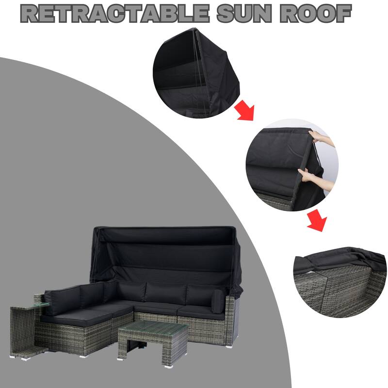 7-Piece Patio Furniture Set w/Retractable Canopy Wicker Rattan Sectional Sofa Set,Washable Cushions,Grey wicker + Black Cushion