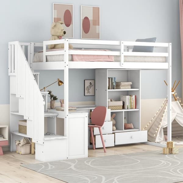 slide 2 of 15, White Twin Size Loft Bed with 4 Drawers and L-Shaped Desk, Pine Wood Twin Bed Frame with Cabinet and Storage Staircase White - Twin