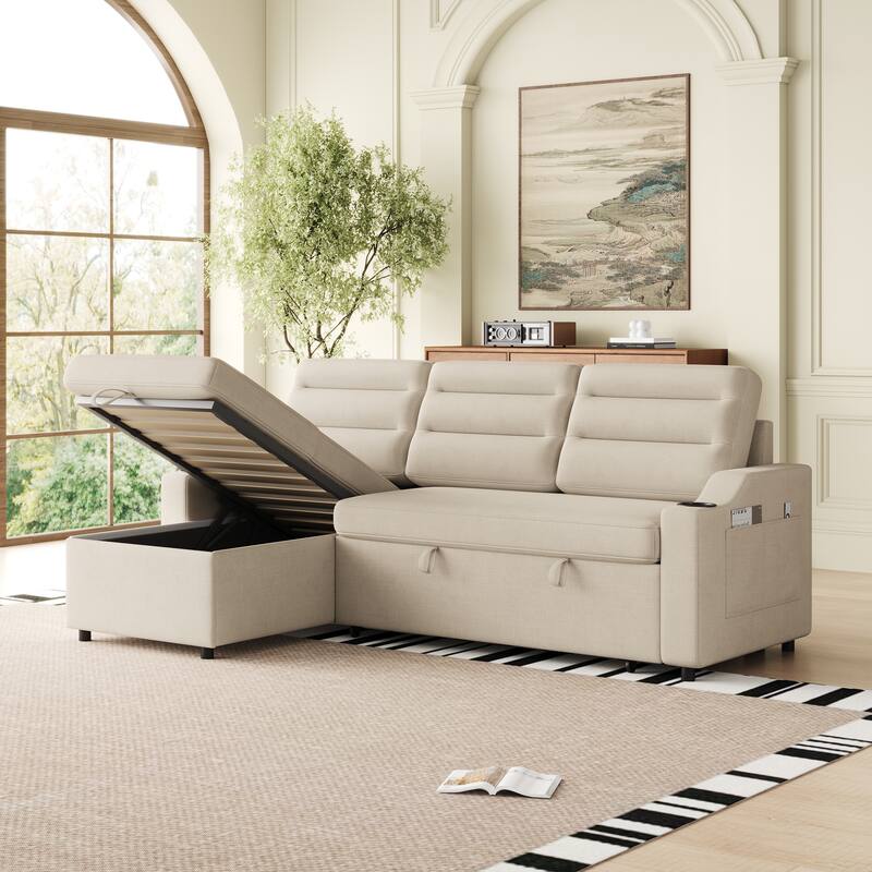 83.5-Inch Convertible Sofa Bed - Stylish Polyester Recliner with Storage for Small Spaces