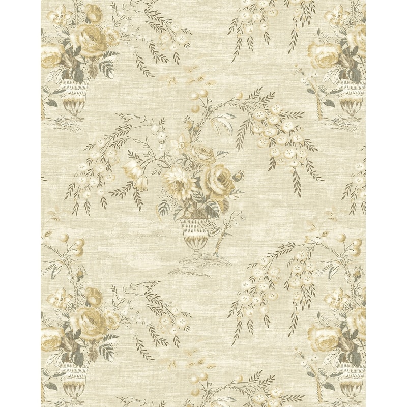 Seabrook Designs Carola Floral Vase Unpasted Wallpaper - 20.5 in. W x 33 ft. L - Metallic Eggshell & Honey