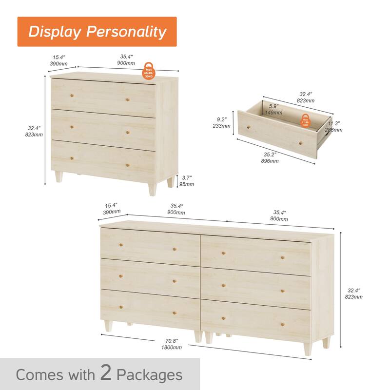 Wood Dresser with 3 Wide Drawers for Bedroom, Kids Room