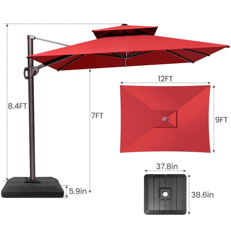 9 x 12 ft Double Top Patio Cantilever Umbrella with Base, 360-degree Rotation