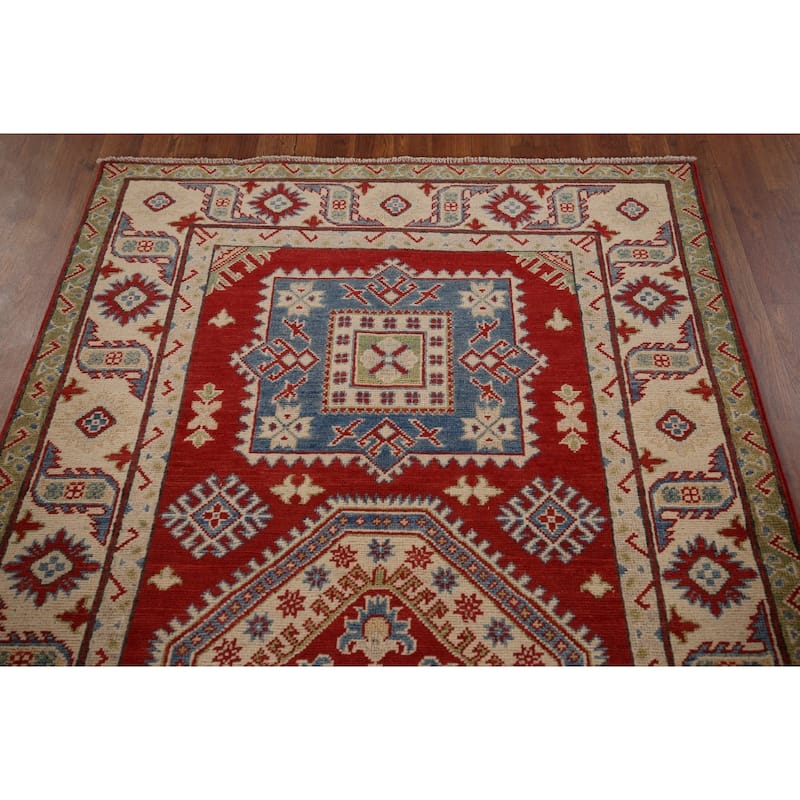 Geometric Red Kazak Runner Rug Hand-Knotted Hallway Wool Carpet - 3'11" x 13'4"