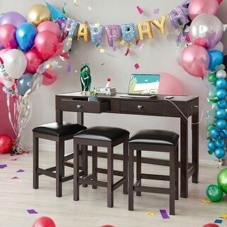 4-Piece Counter Height Table Set with Socket and Fabric Padded Stools ...