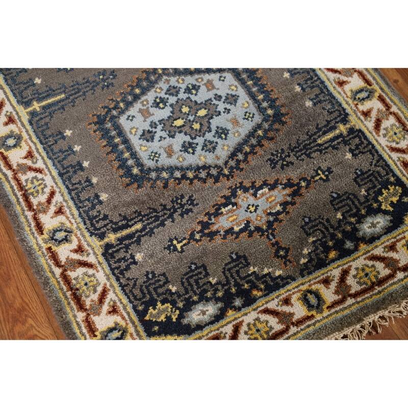 Gray Geometric Viss Indian Runner Rug Handmade Wool Carpet - 2'7"x 8'1"