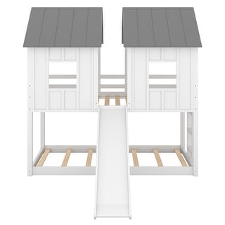 Twin Over Twin Wood House Bunk Bed with Slide and Windows - Bed Bath ...
