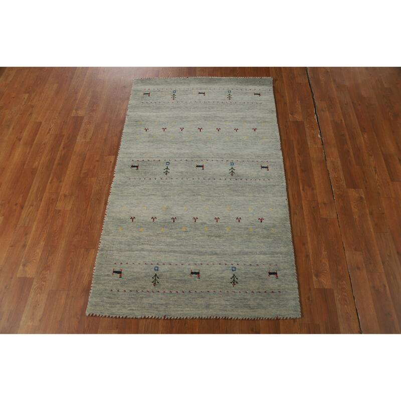 Hand Knotted Oriental 100% Wool Carpet Tribal Animal Pictorial Green Gabbeh Area Rug - 4' 11'' X 3' 0''