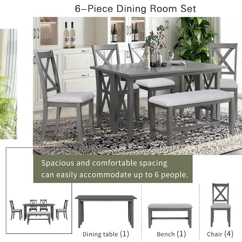6-Piece Foldable Dining Table Set with 4 Decorative Cross-Back Upholstered Chairs & Bench, Solid Wood Kitchen Table Set