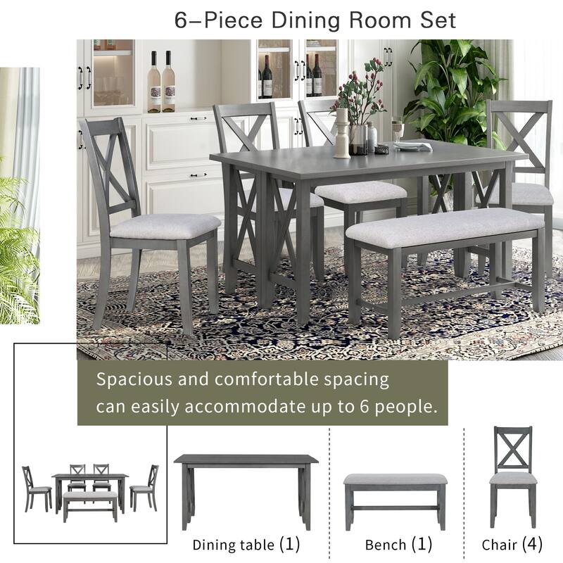 Gray 6-Piece Wooden Dining Table Set with Foldable Table & 4 Chairs