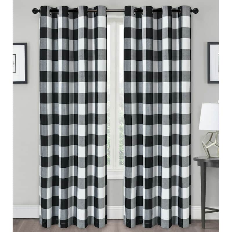 Kate Aurora Country Farmhouse Living Classic Buffalo Plaid Checkered Grommet Top Curtains - 52 in. W x 84 in. - Black
