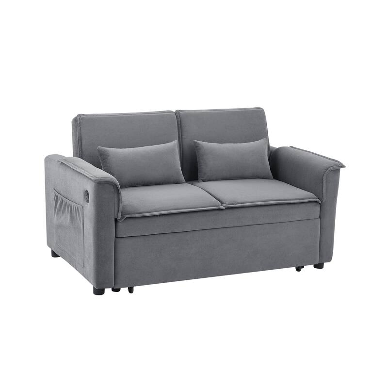 55" Fabric Sofa Bed with Sleeper, Adjustable Backrest & 2 Lumbar Pillows