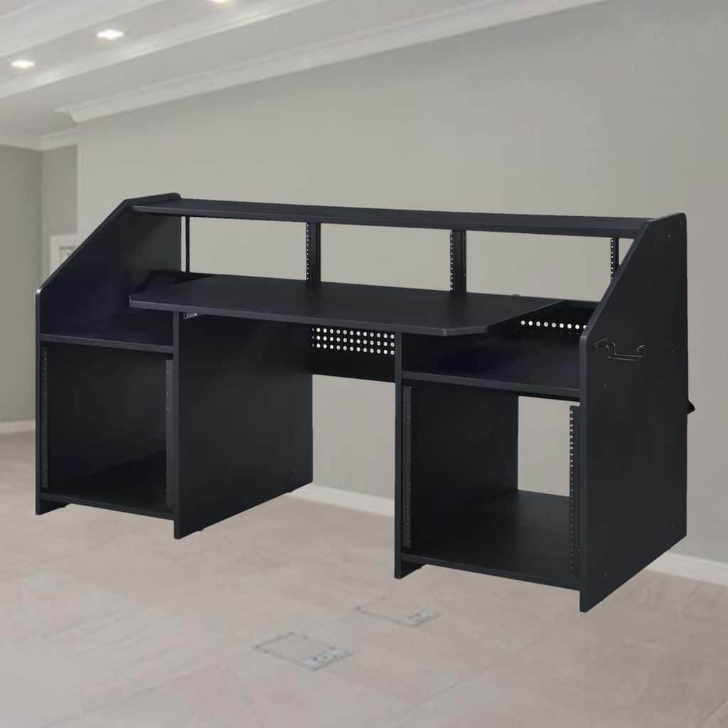 Rectangular Music Desk with Earphone Rack, Multiple Storage Shelves, and Scratch-Resistant Finish for Workspaces