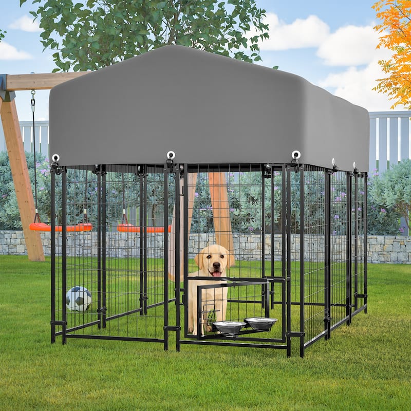 GDFStudio - Large Outdoor Heavy Duty Metal Dog Kennel with Roof, UV-Resistant Waterproof Cover, Double Lock & Rotating Feeder