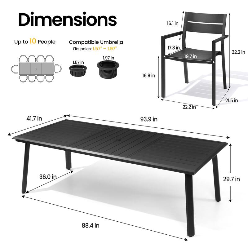 7/9/11/13-Piece Patio Dining Set Outdoor All-Weather Aluminum Dining Table with Umbrella Hole and Stackable Chairs