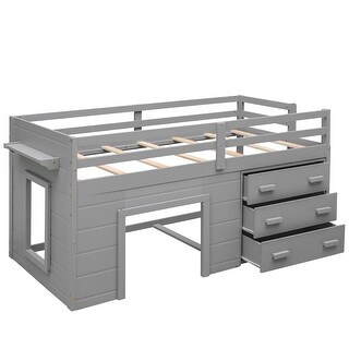 Modern Style Twin Size Wood Loft Bed with Shelf and Cabinet for Storage