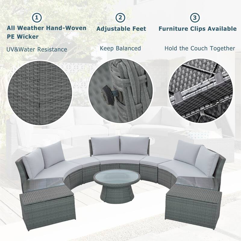 10-Piece Outdoor Sectional Half Round Patio Rattan Sofa Set, PE Wicker Conversation Furniture Set for Free Combination, White
