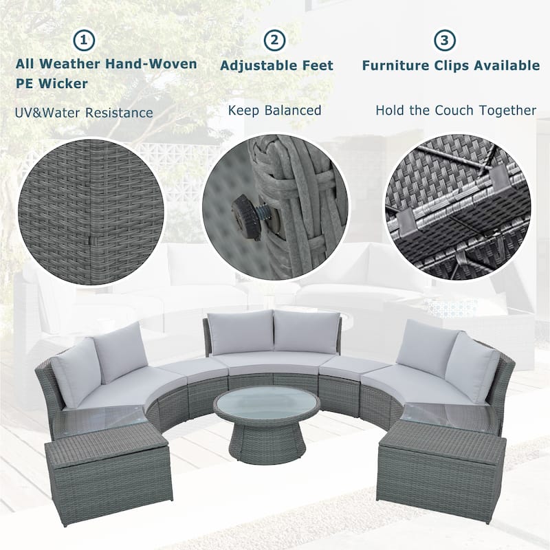 10-Piece Outdoor Sectional Half Round Patio Rattan Sofa Set, PE Wicker Conversation Furniture Set for Free Combination