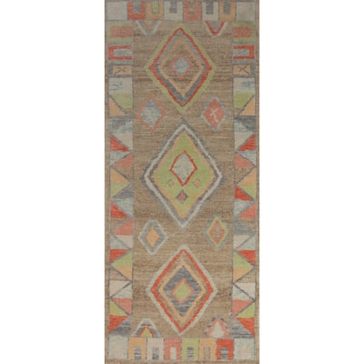 Hand Knotted Oriental 100% Wool Carpet Transitional Geometric Brown Oushak Runner Rug - 8' 8'' X 3' 0''