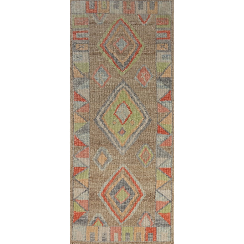 Hand Knotted Oriental 100% Wool Carpet Transitional Geometric Brown Oushak Runner Rug - 8' 8'' X 3' 0''